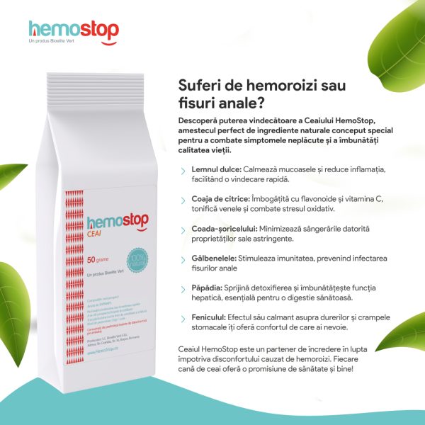 Ceai pentru hemoroizi, HemoStop, 50gr, cu efect antiinflamator, tonic venos, antioxidant - Image 6